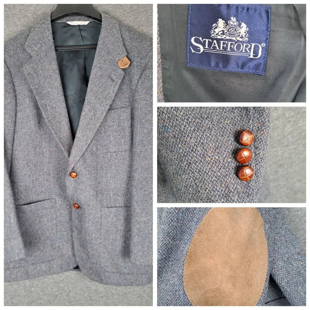 Vtg Stafford Sport Coat DONEGAL Wool TWEED Jacket LEATHER Elbow Patch Blazer 39R